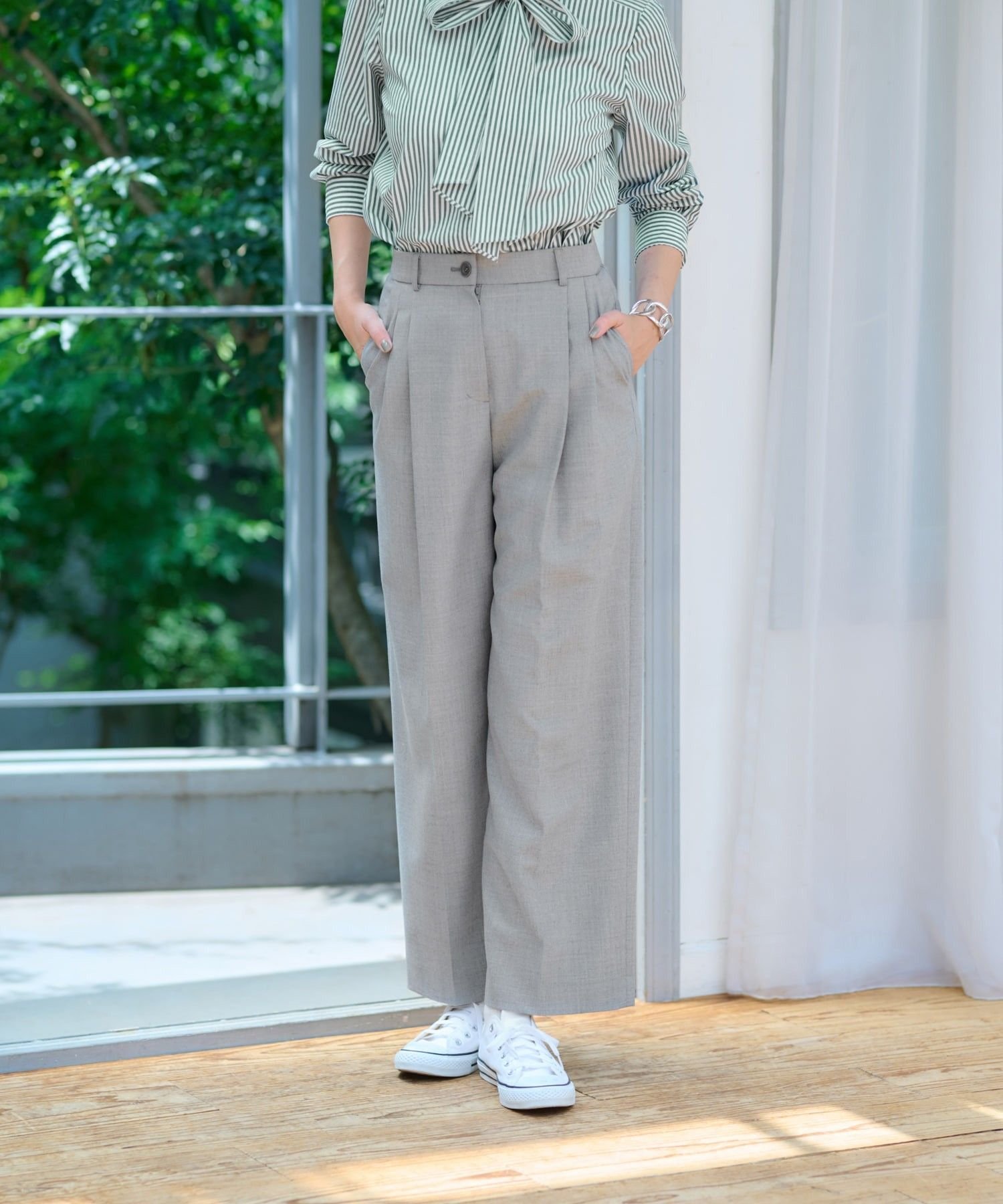 CARA O CRUZ 後ろウエストゴムタックパンツ キャラ・オ・クルス パンツ その他のパンツ ブラック グレー