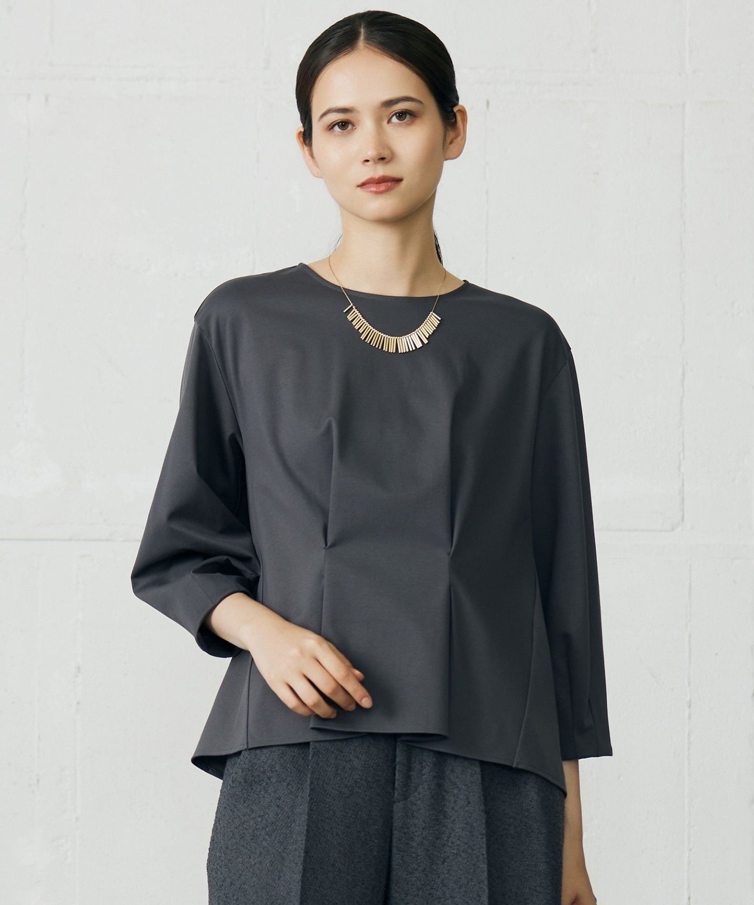 自由区 L 【洗える】クリアコットンポンチタックデザインジャージ カットソー ジユウク トップス カットソー・Tシャツ ベージュ ネイビー【送料無料】