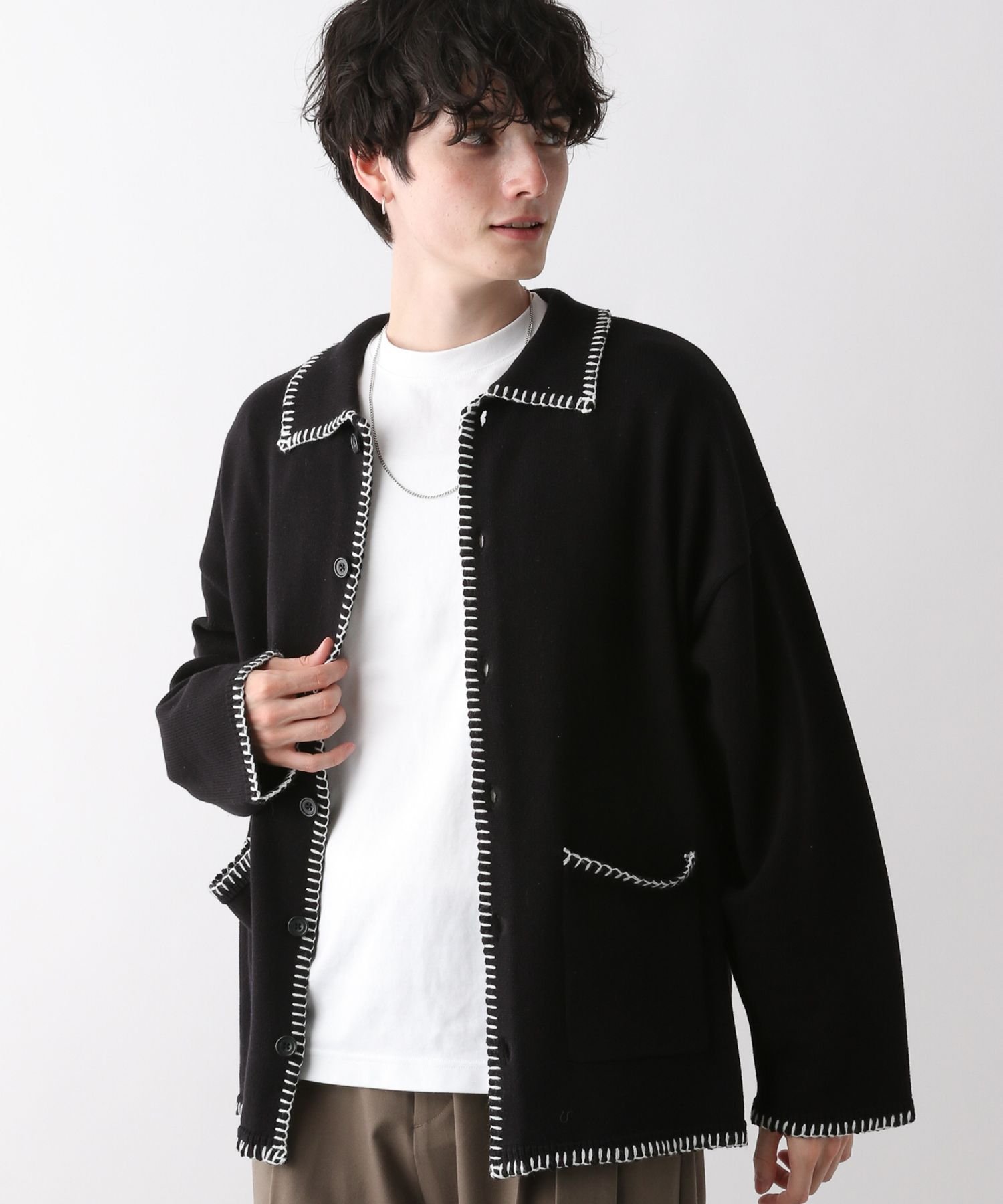 【SALE／50%OFF】RAGEBLUE (M)ステッチシャツカーデ レイジブルー トップス カーディガン ブラック ブルー ホワイト イエローのサムネイル