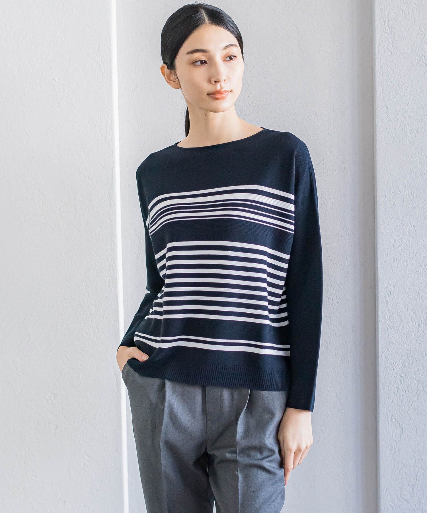 【SALE／40%OFF】la.f... 【大きいサイズ】LEXUSボーダーニット≪手洗い可能≫ ラ・エフ トップス ニット ホワイト【送料無料】のサムネイル