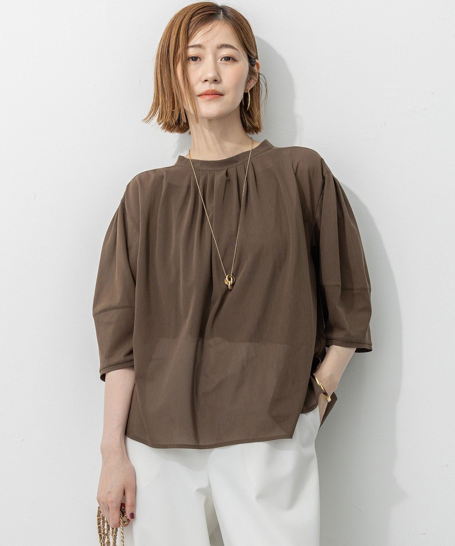 23区 L 【洗える】クリアトリコットジャージー ギャザーフォルム カットソー ニジュウサンク トップス カットソー・Tシャツ カーキグリーン ブラック ベージュ ブルー