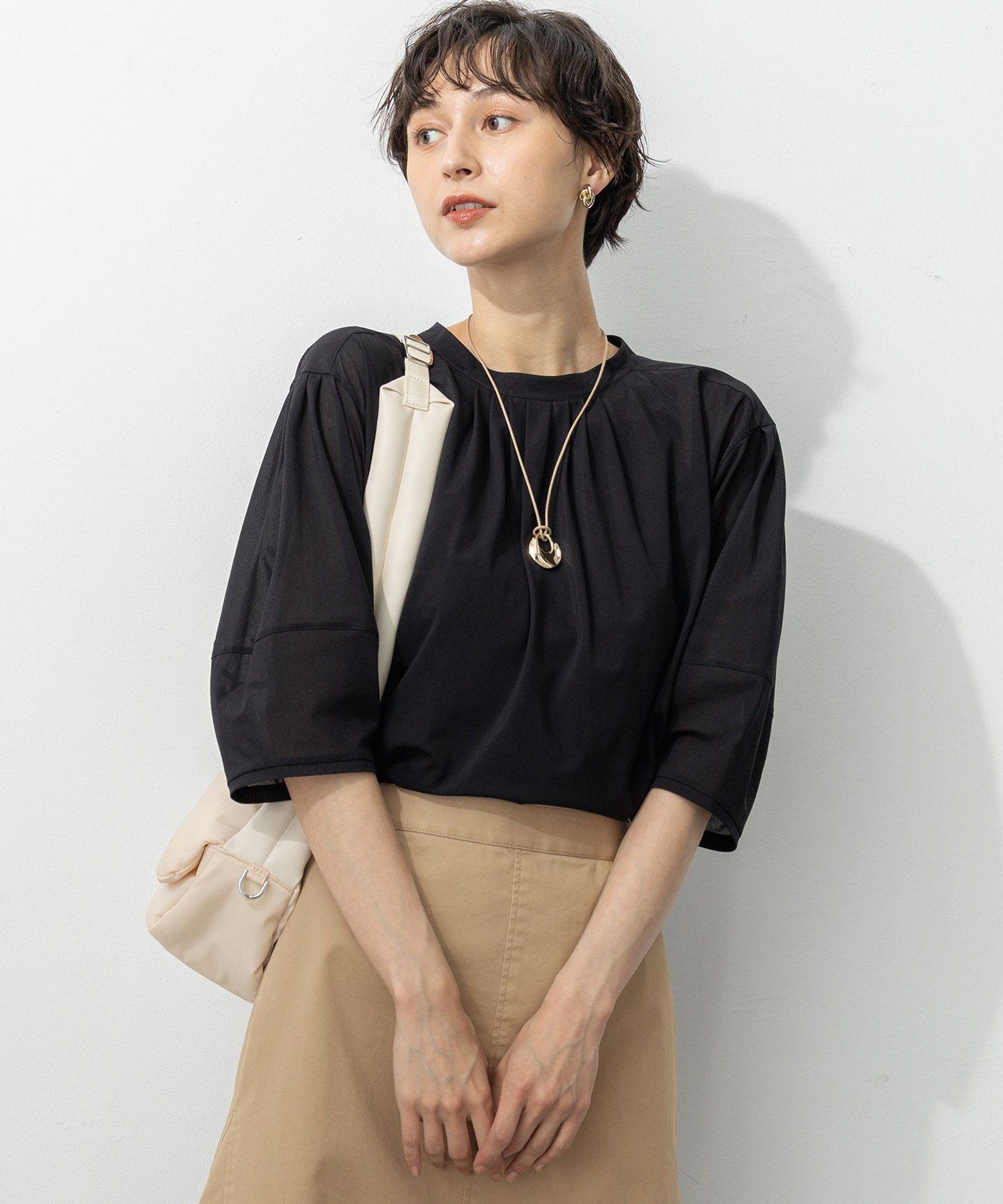 23区 L 【洗える】クリアトリコットジャージー ギャザーフォルム カットソー ニジュウサンク トップス カットソー・Tシャツ カーキグリーン ブラック ベージュ ブルー