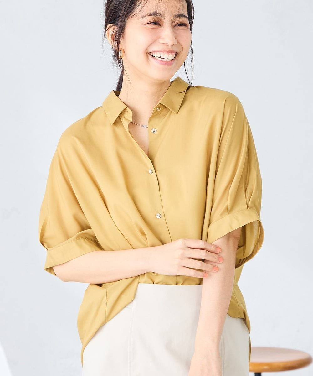 【接触冷感/洗える/イージーケア/毛玉になりにくい】シアータックシャツ アー・ヴェ・ヴェ トップス シャツ・ブラウス オレンジ ホワイト ブラウン グリーン イエロー
