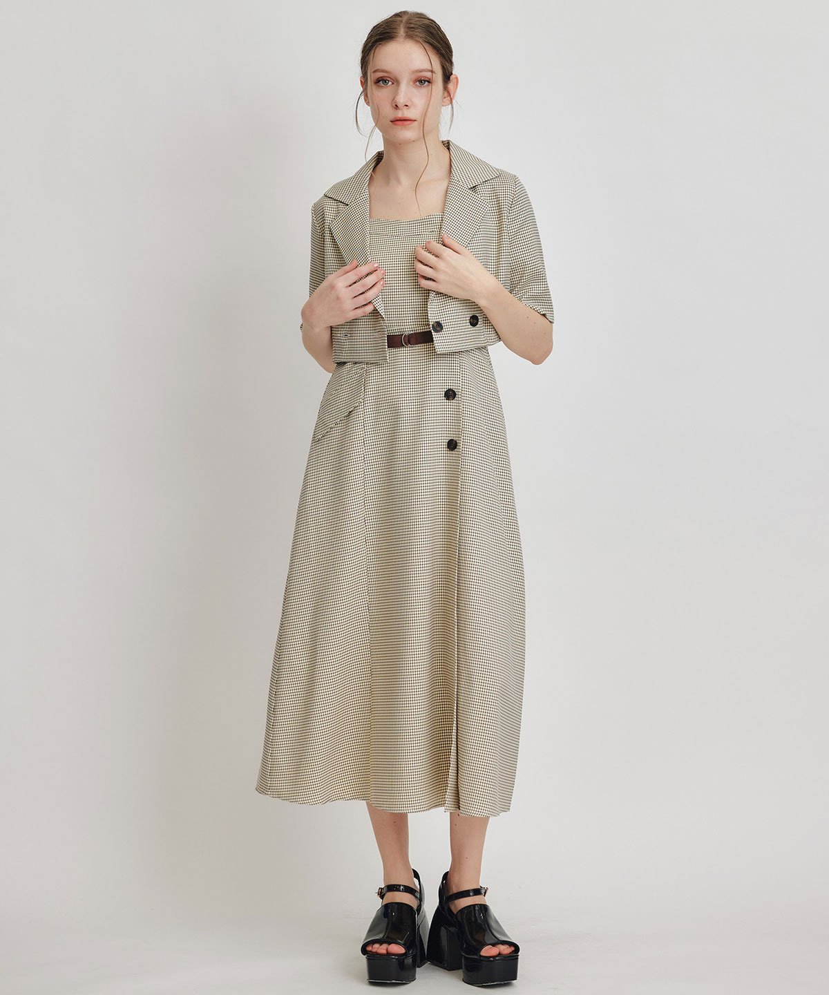 【SALE／40%OFF】REDYAZEL チェックショートジャケットxアクセントベルトフレアロングワンピースセットアップ レディアゼル ワンピース・ドレス その他のワンピース・ドレス ブルー イエロー ベージュ【送料無料】