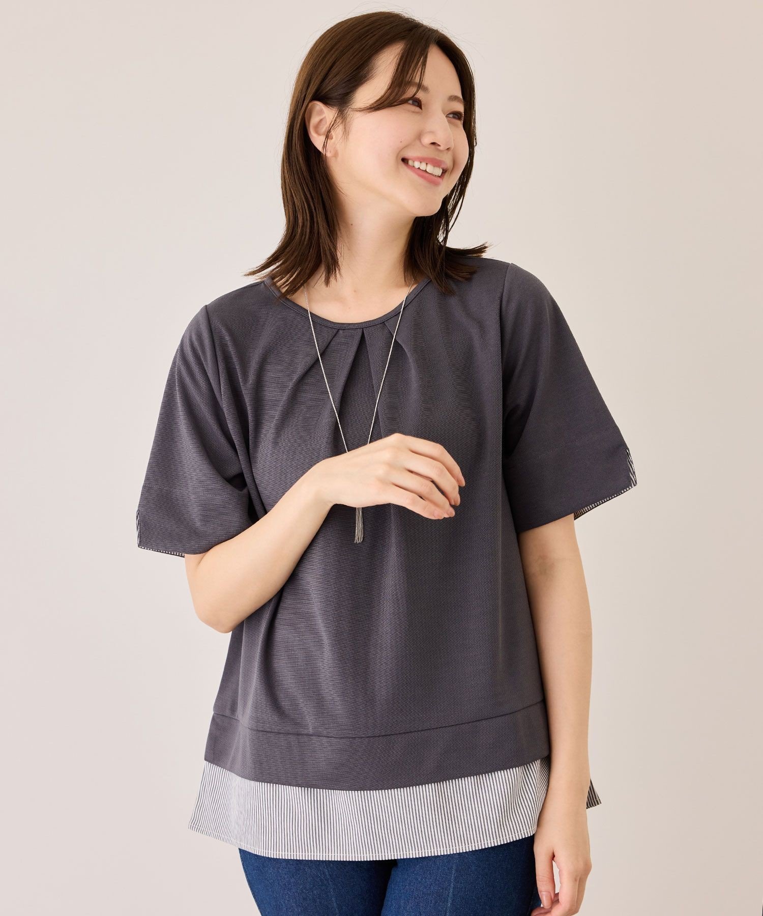 JAYRO 配色ストライプ半袖カットソー ジャイロ トップス カットソー・Tシャツ ブルー ベージュ ネイビー グレー