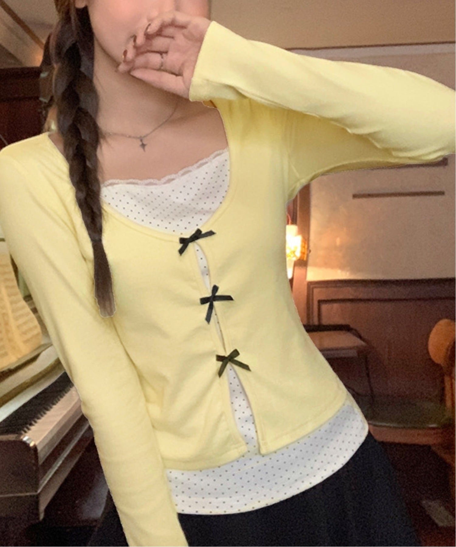 Nia Nia/(W)Nia(ニア)/レイヤード風リボン付き長袖カットソー チェルカ トップス カットソー・Tシャツ イエロー ネイビー