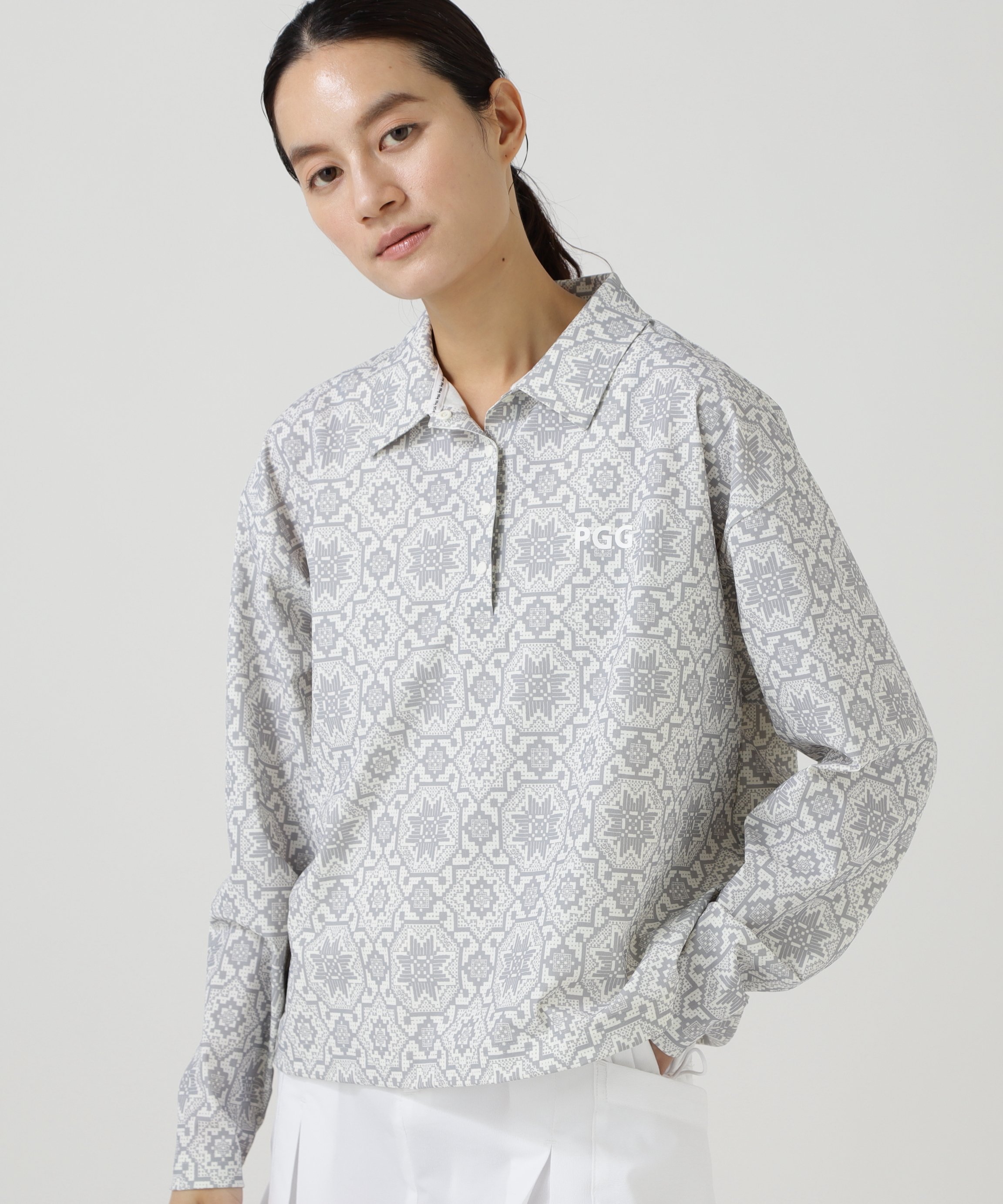PEARLY GATES TM ICE トリコット 長袖ポロシャツ ＜フローズン柄＞ (LADIES) パーリーゲイツ トップス ポロシャツ グレー【送料無料】