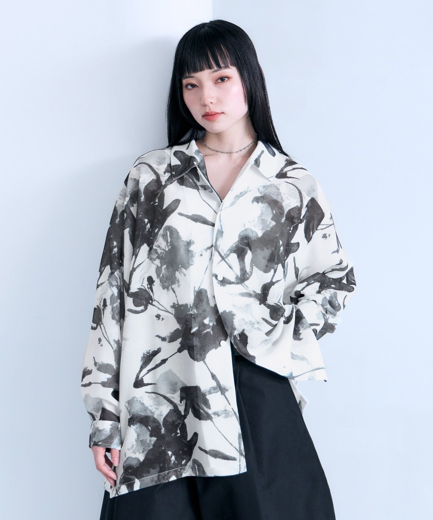 RAGEBLUE カラミ編み/スカシフラワー柄シャツ レイジブルー トップス シャツ・ブラウス ブラック ホワイト グレー