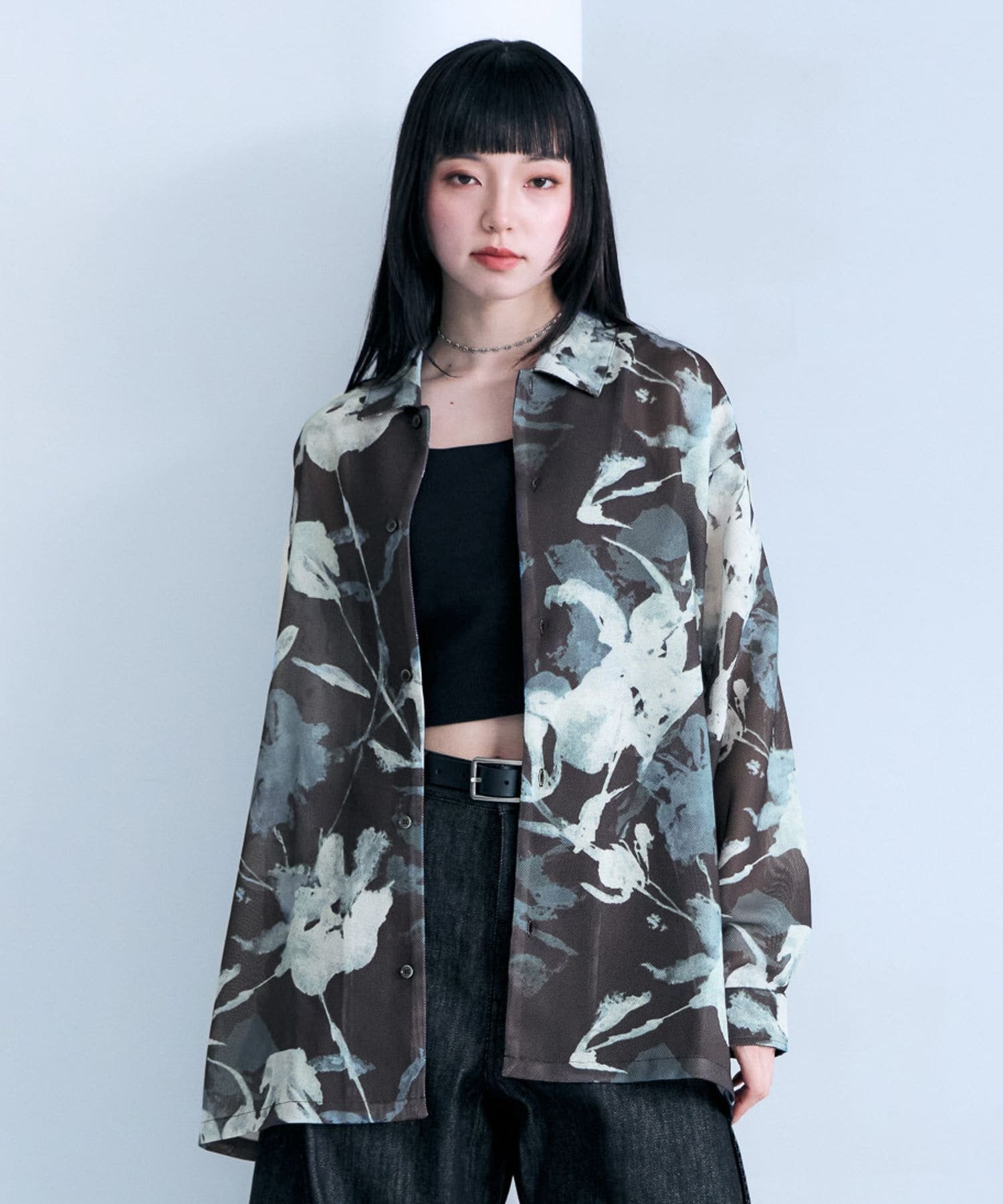 RAGEBLUE カラミ編み/スカシフラワー柄シャツ レイジブルー トップス シャツ ブラウス ブラック ホワイト グレー【送料無料】