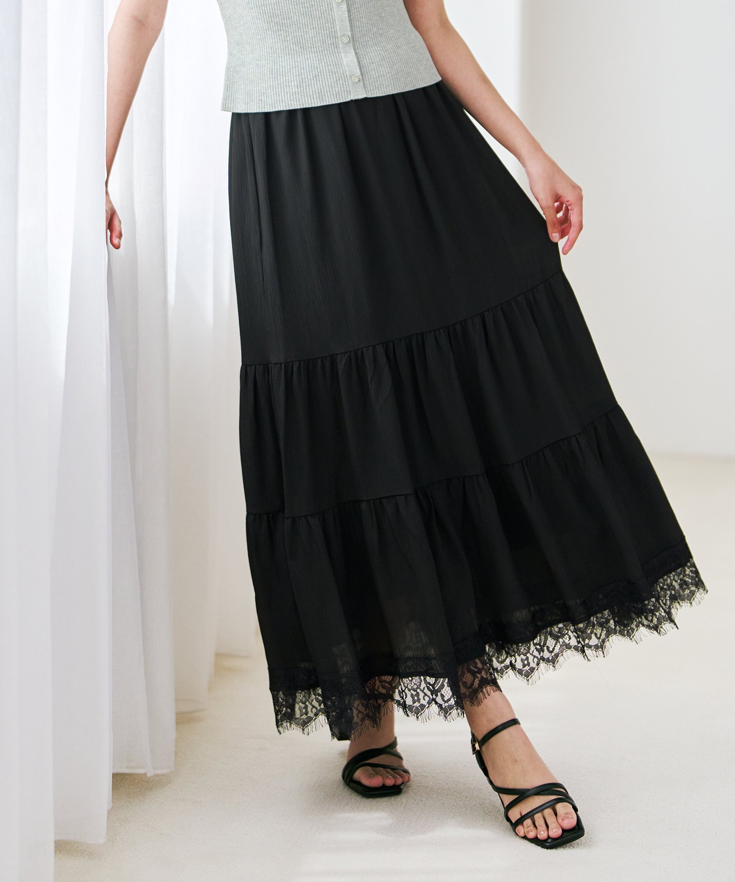 【SALE／30%OFF】MISCH MASCH 裾レースティアードスカート MM627213 ミッシュマッシュ スカート その他のスカート ブラック ホワイト【送料無料】