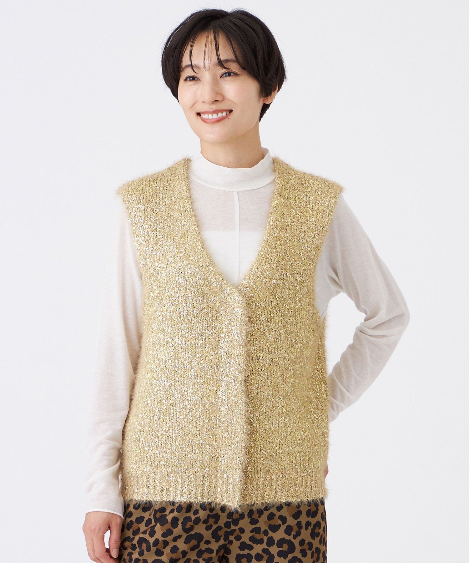 【SALE／62%OFF】EVEX by KRIZIA 【ウォッシャブル】メタリックヤーンニットベスト エヴェックス バイ クリツィア トップス ニット ゴールド ブラック【送料無料】