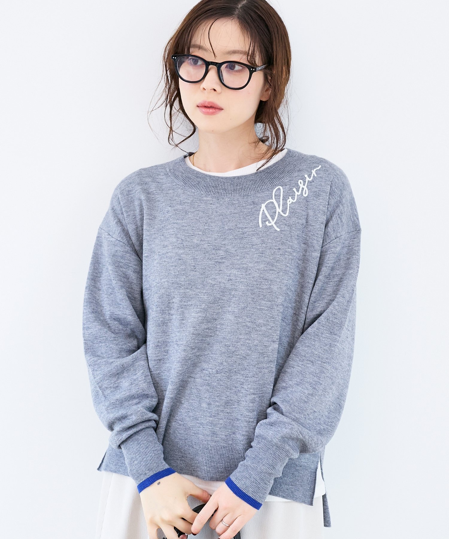 le.coeur blanc 《手洗い可能》ネック刺繍クルーネックニット ルクールブラン トップス ニット ホワイト ブラウン グレー