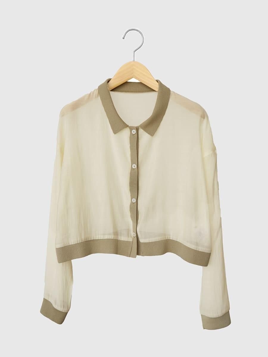. Bicolor sheer short cardigan ラシュッド トップス カーディガン ブルー ブラック ベージュ