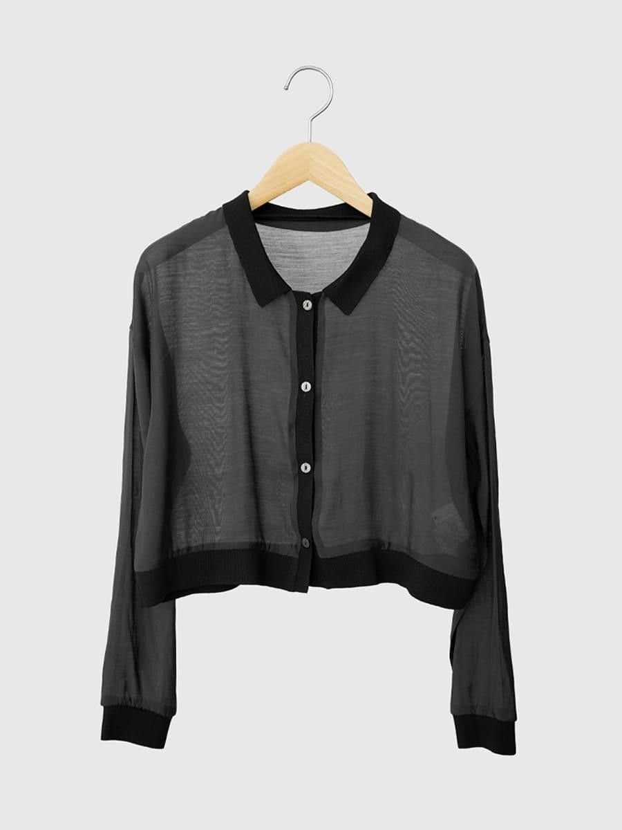 . Bicolor sheer short cardigan ラシュッド トップス カーディガン ブルー ブラック ベージュ
