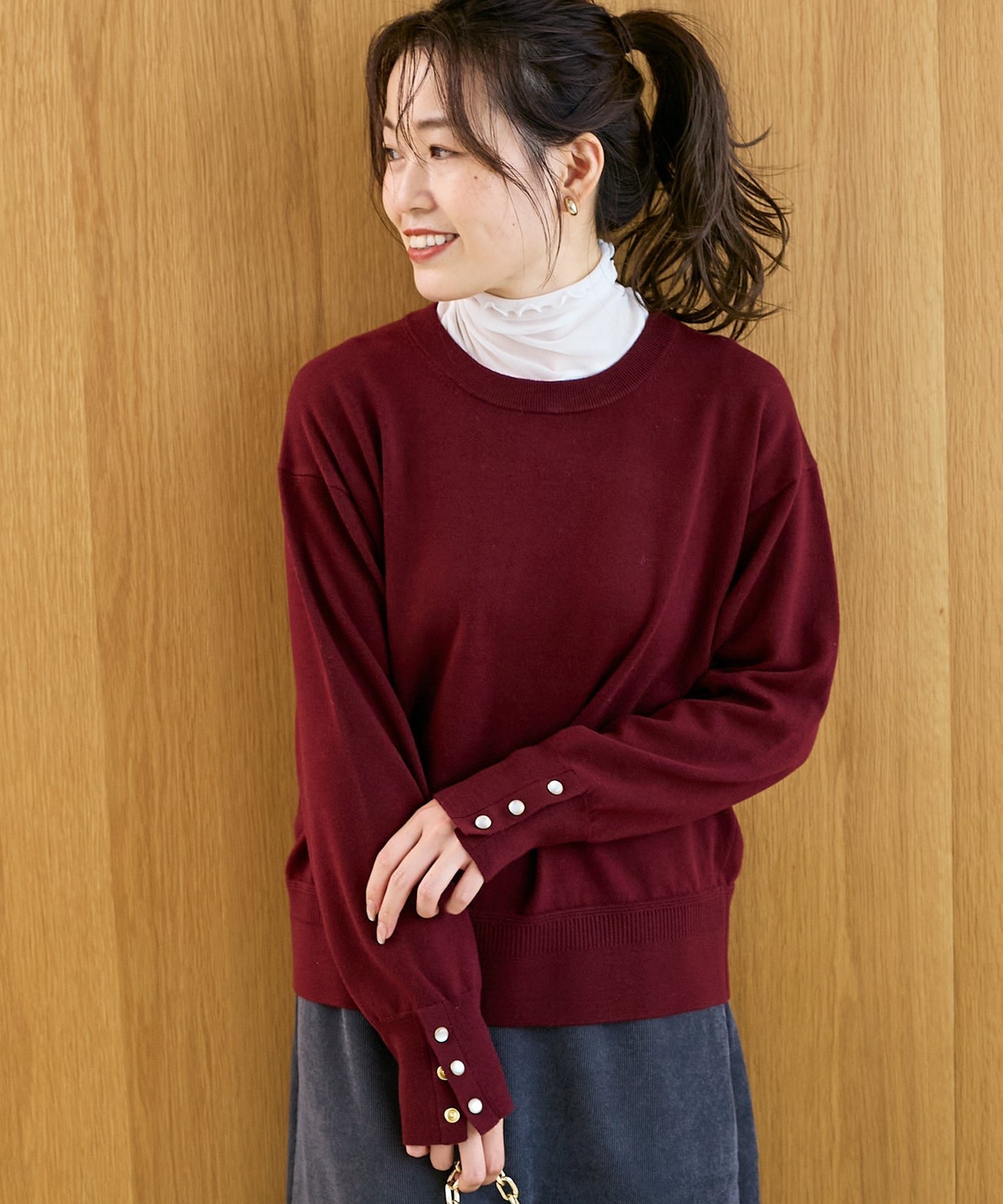 le.coeur blanc スリーブボタンクループルオーバー ルクールブラン トップス ニット ベージュ ブラウン ブラック グリーン ワインレッド