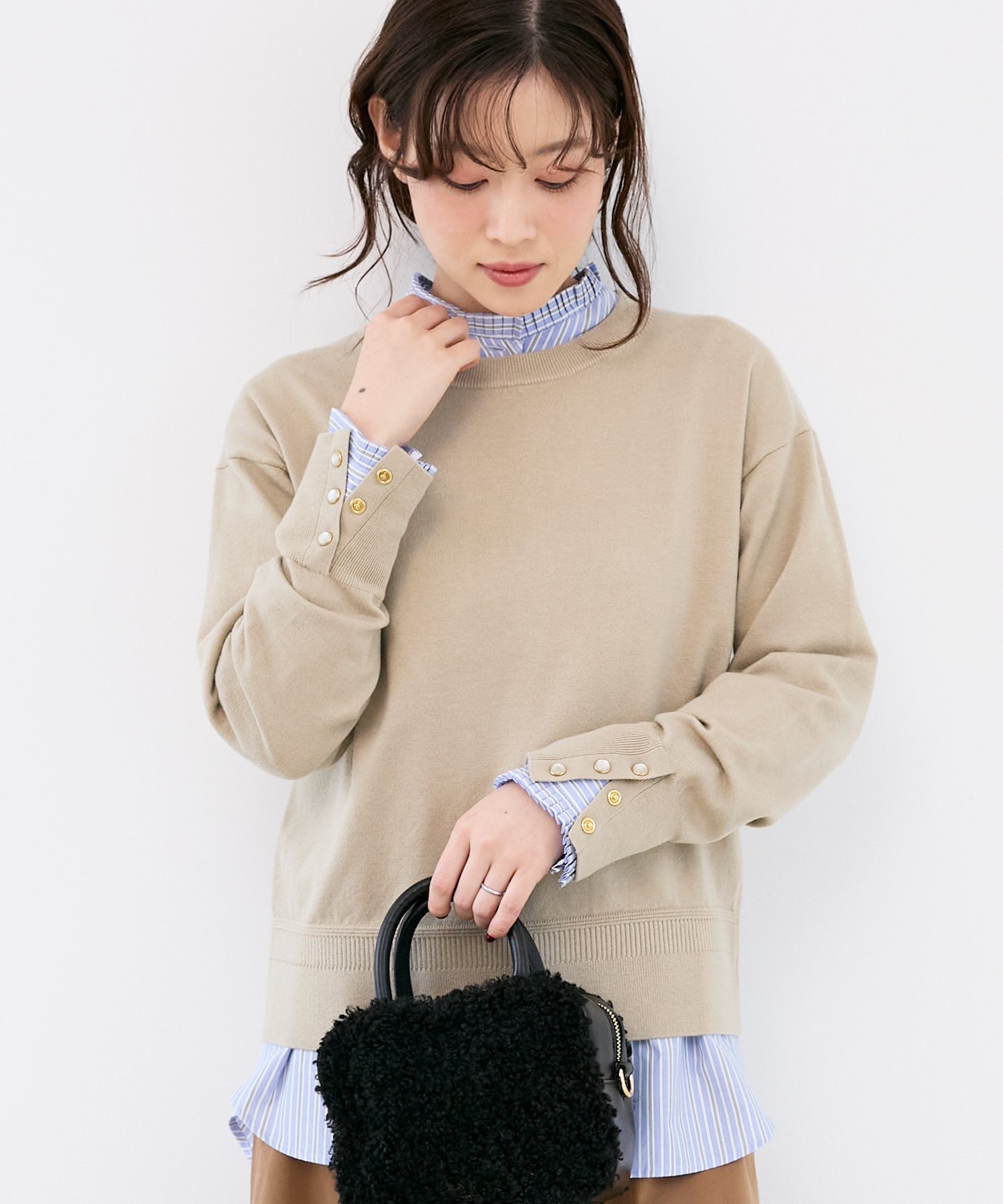 le.coeur blanc スリーブボタンクループルオーバー ルクールブラン トップス ニット ベージュ ブラウン ブラック グリーン ワインレッド