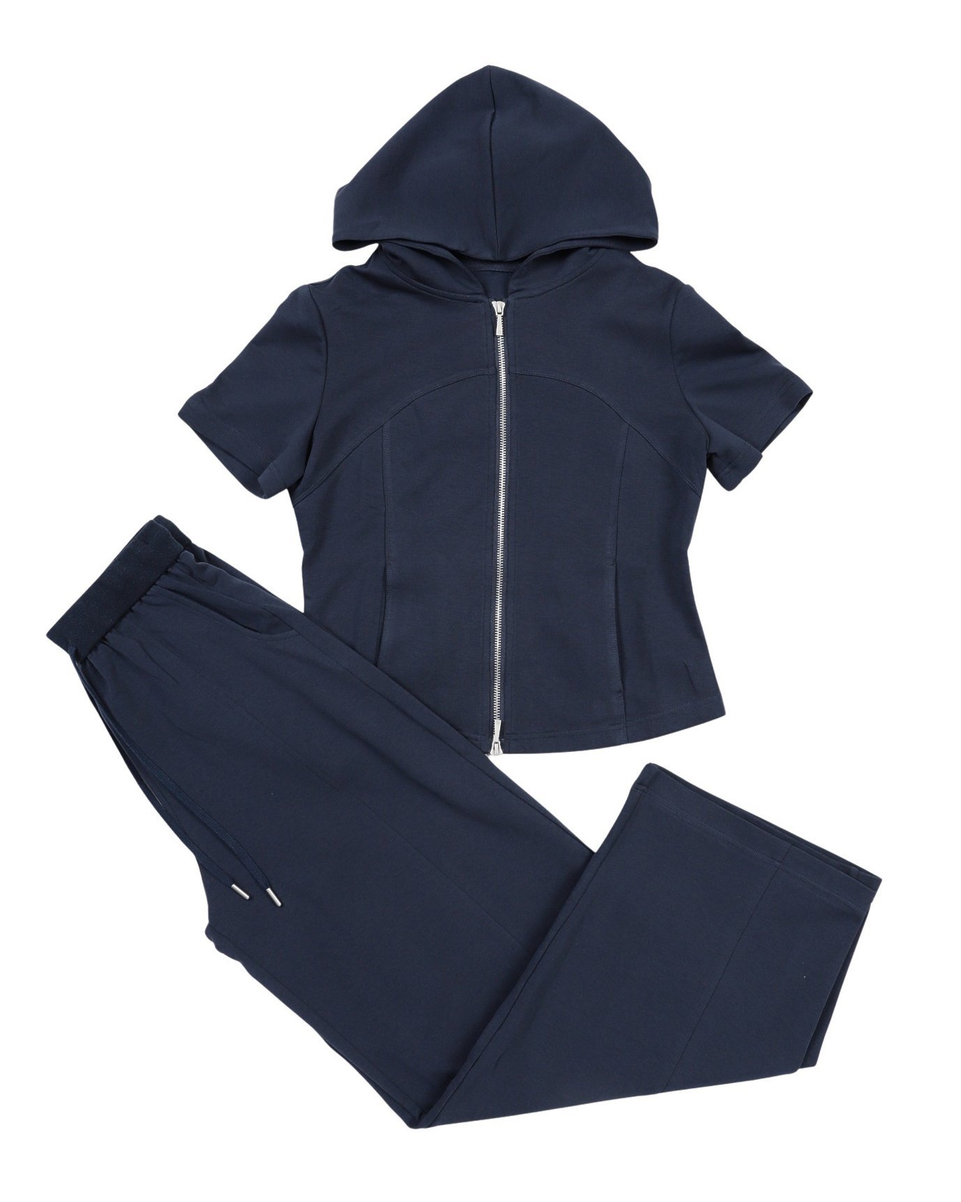YEVS 半袖ZIPパーカー パンツSET ダブルジップ レディース イーブス トップス カットソー・Tシャツ ネイビー ホワイト