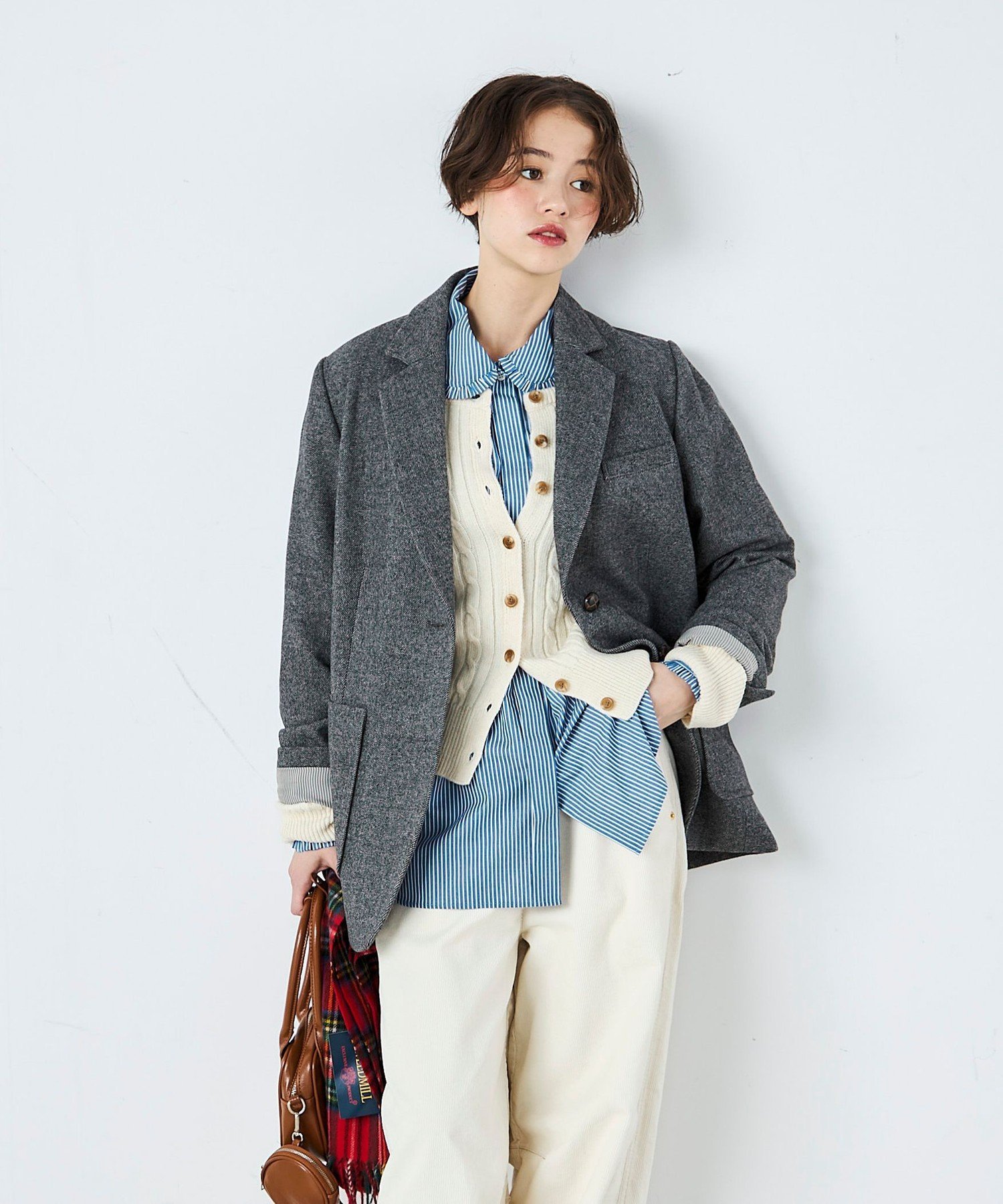 fredy emue ツィードオーバージャケットコート フレディ アンド グロスター ジャケット・アウター テーラードジャケット・ブレザー グレー ブラウン【送料無料】のサムネイル