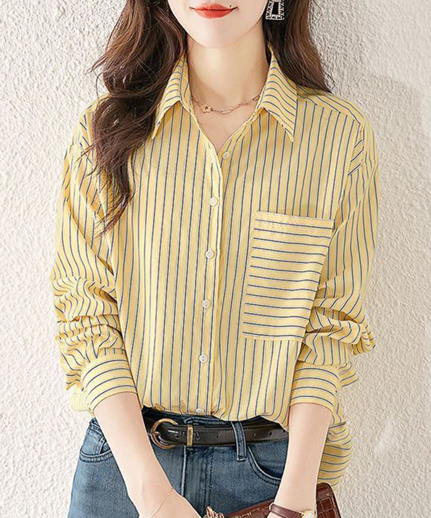 【Dewlily】オーバーサイズストライプシャツ アミュレット トップス シャツ・ブラウス ブルー イエロー