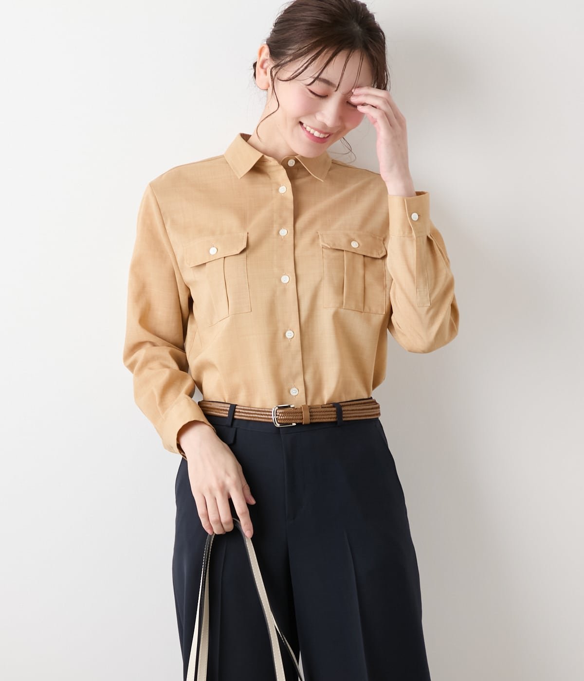 Sleeveless - 【SALE／42%OFF】NEWYORKER WOMEN ポリエステルラミーローン サファリシャツ ニューヨーカー トップス シャツ・ブラウス ネイビー ブラウン【送料無料】