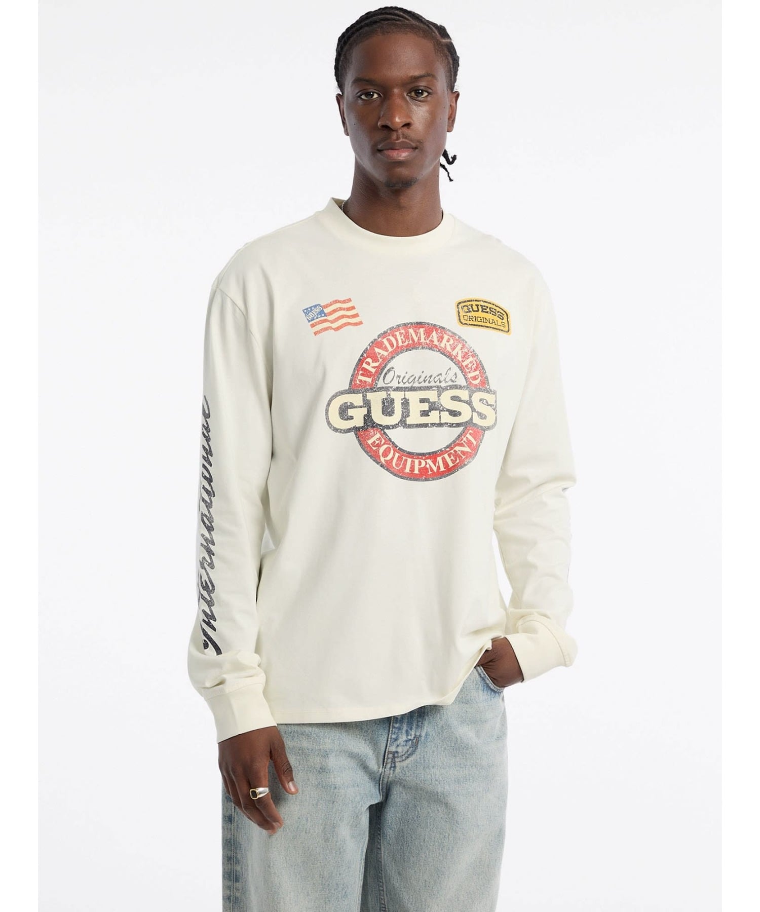 【SALE／50%OFF】GUESS Originals GUESS Originals 長袖Tシャツ (M)Cn Ls Int Race Tee ゲス トップス カットソー・Tシャツ ブラック ホワイト【送料無料】