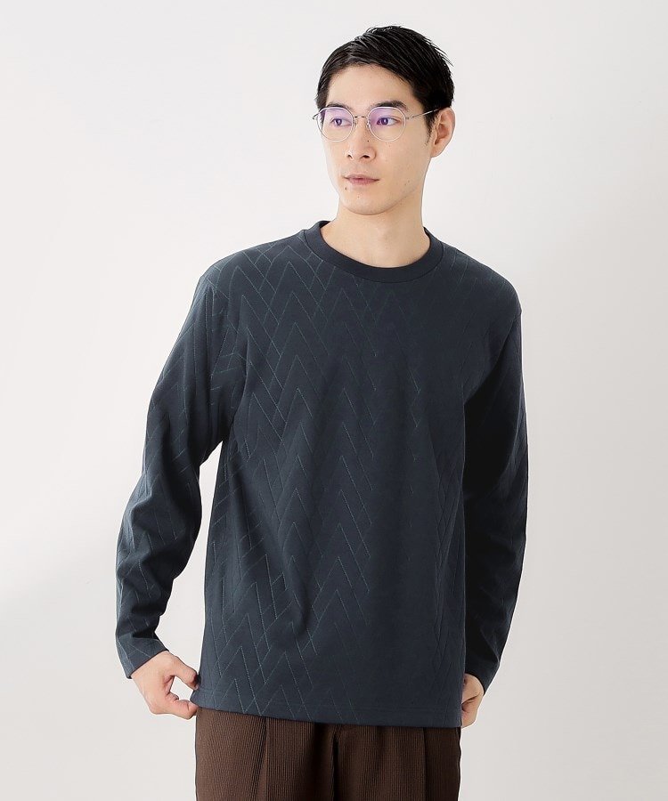 THE SHOP TK リンクスジオメトリック長袖Tシャツ【サスティナブル素材使用/洗濯機OK】 ザ ショップ ティーケー トップス カットソー・Tシャツ ネイビー ホワイト ブラウン
