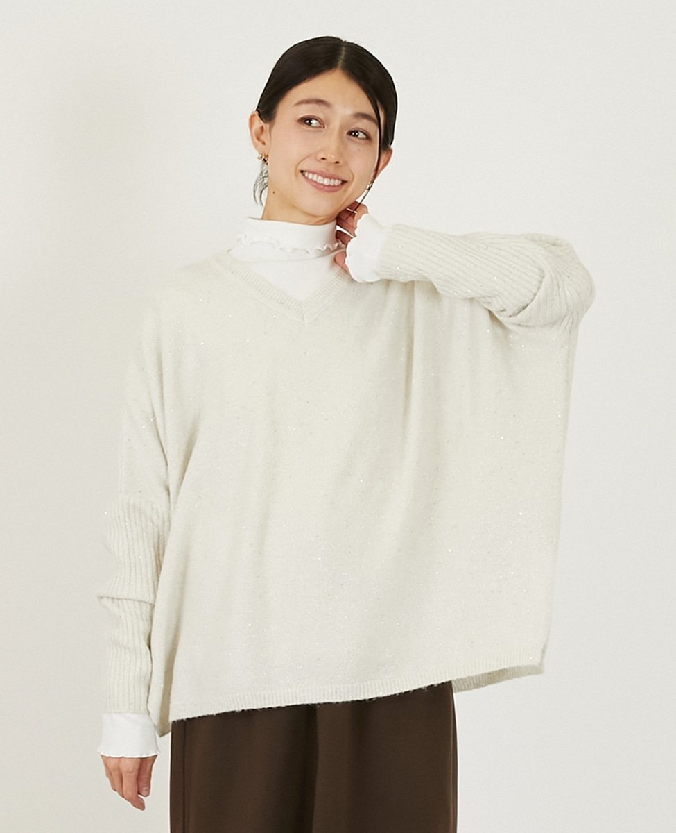 MELROSE CLAIRE 【スパンコールミックスVネックドルマンニット】 メルローズクレール トップス ニット ネイビー ホワイト グレー【送料無料】