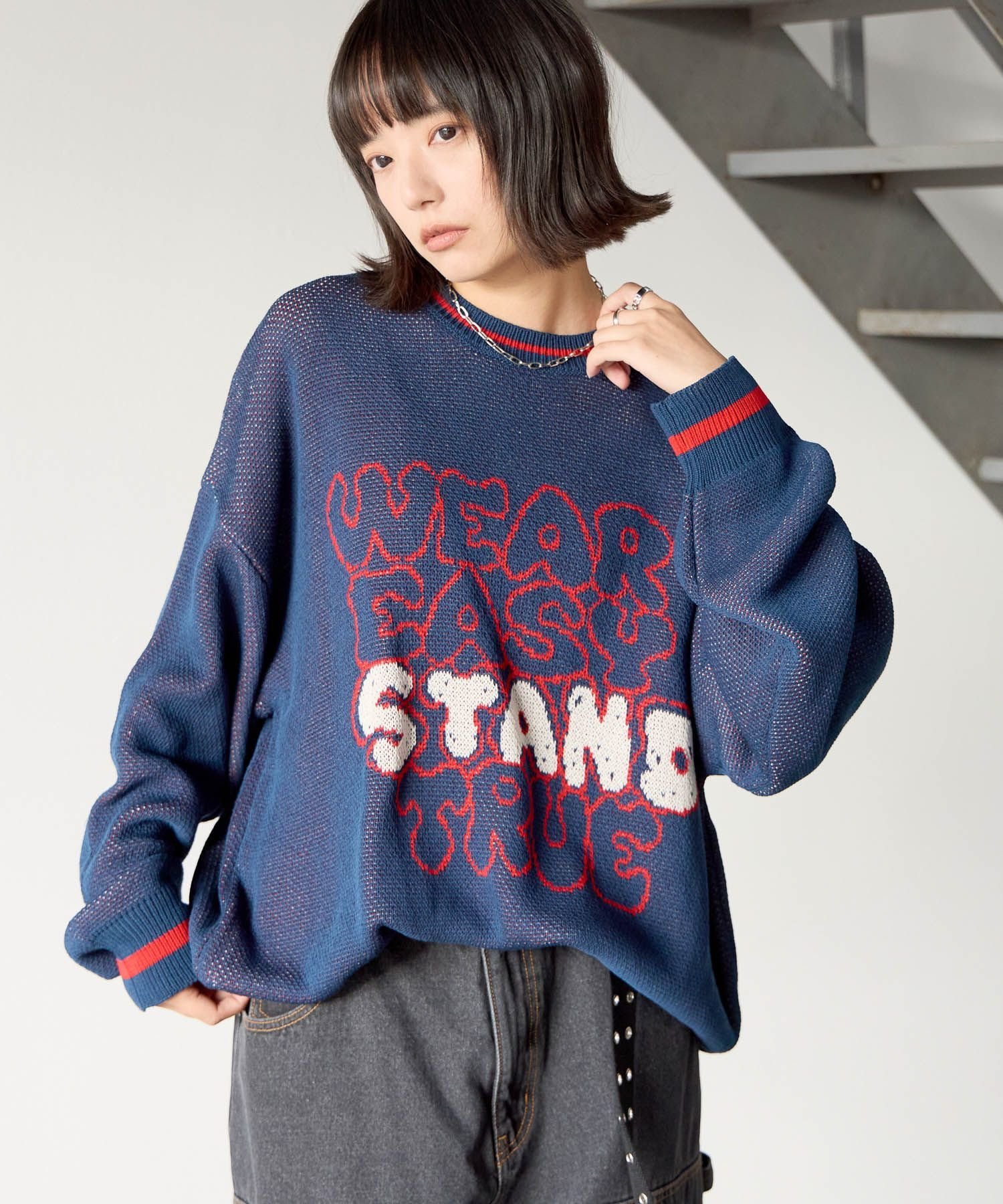 PAGEBOYLIM 【PBLIM】スケッチロゴニット ページボーイ トップス ニット ネイビー ホワイト ブラウン