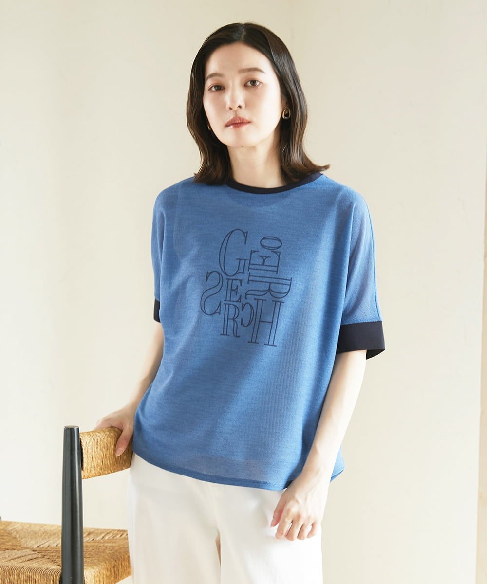 （小さいサイズ） シアーポンチョロゴカットソー メゾンドゥサンク トップス カットソー・Tシャツ ブルー ホワイト ブラウン