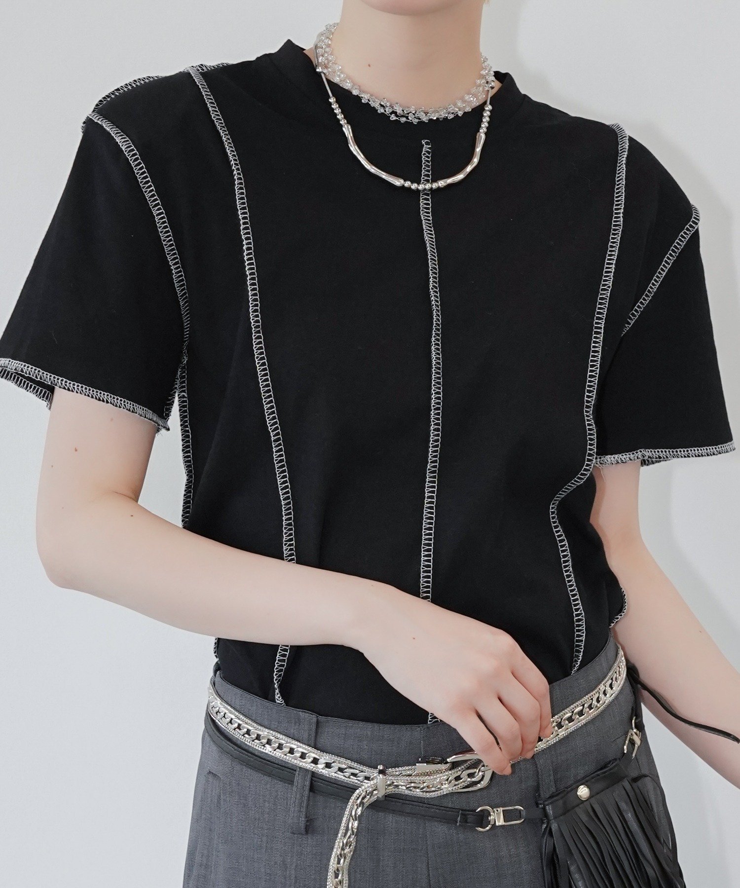 chuclla アウトステッチ デザインTシャツ chw26s240 チュクラ トップス カットソー・Tシャツ グレー ブラック【送料無料】