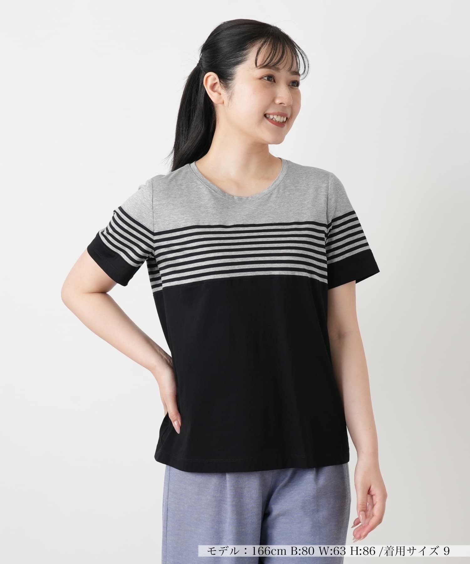 Leilian ボーダー切替クルーネックTシャツ レリアン トップス カットソー・Tシャツ ネイビー パープル ブラック