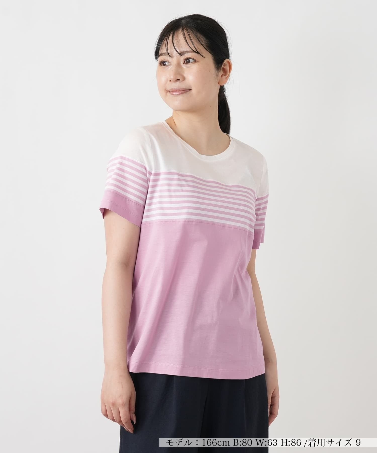 Leilian ボーダー切替クルーネックTシャツ レリアン トップス カットソー・Tシャツ ネイビー パープル ブラック