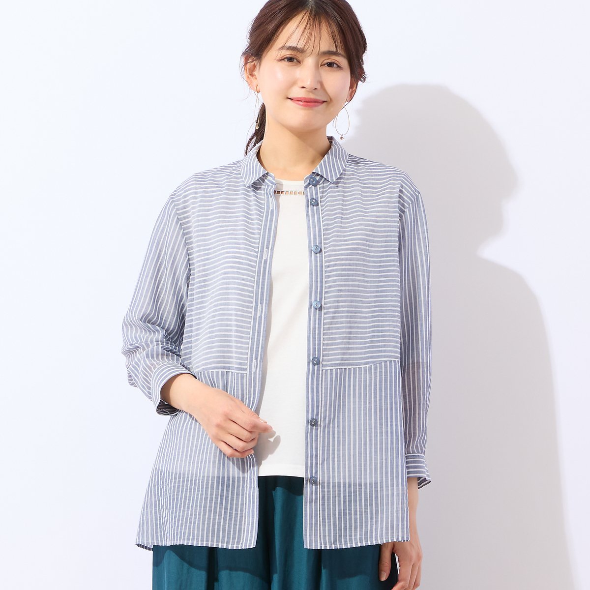 LOBJIE 【洗える】シアーボーダーシャツ ロブジェ トップス シャツ・ブラウス ネイビー グリーン
