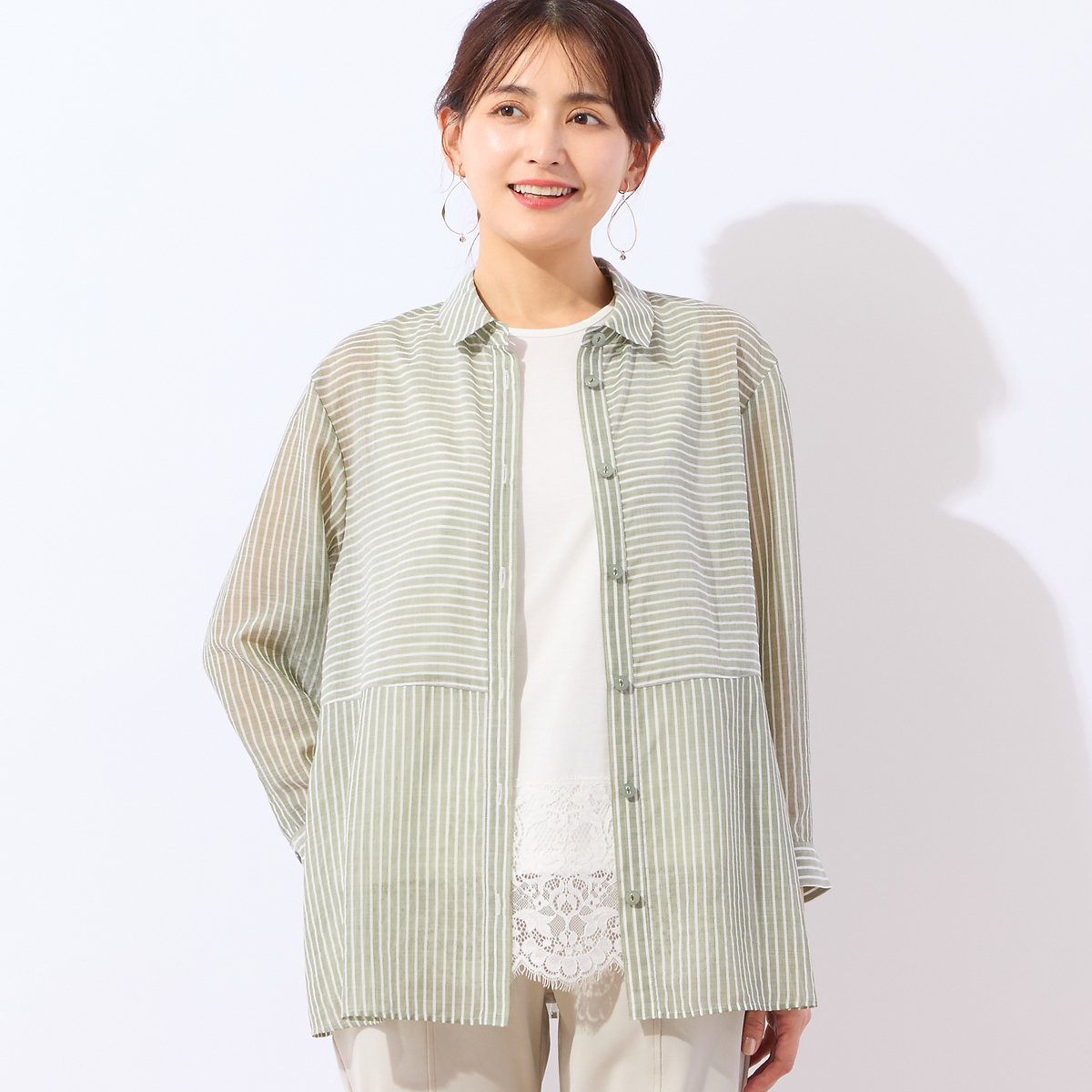 LOBJIE 【洗える】シアーボーダーシャツ ロブジェ トップス シャツ・ブラウス ネイビー グリーン