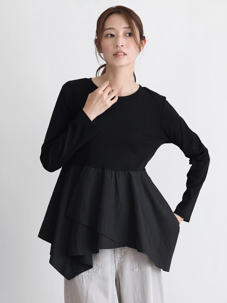 CLOVE 裾フリルデザインプルオーバー ラシュッド トップス カットソー・Tシャツ ブラック ホワイト【送..