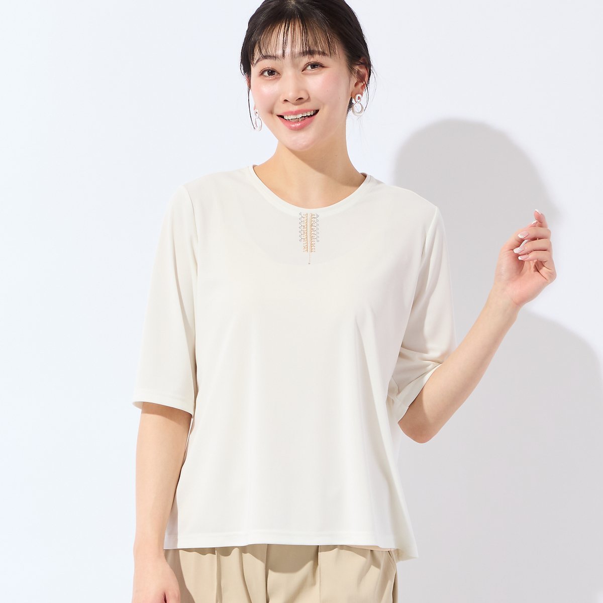 missel 【洗える・日本製・L~4Lサイズ】襟刺繍カットソー ミゼール トップス カットソー・Tシャツ ホワイト ブラック