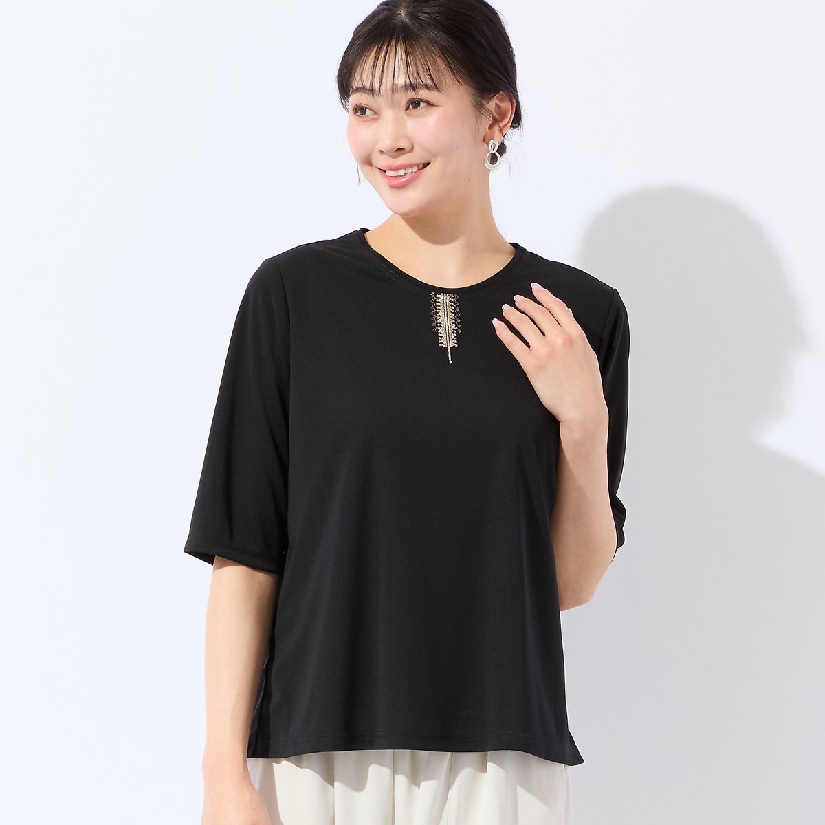 missel 【洗える・日本製・L~4Lサイズ】襟刺繍カットソー ミゼール トップス カットソー・Tシャツ ホワイト ブラック