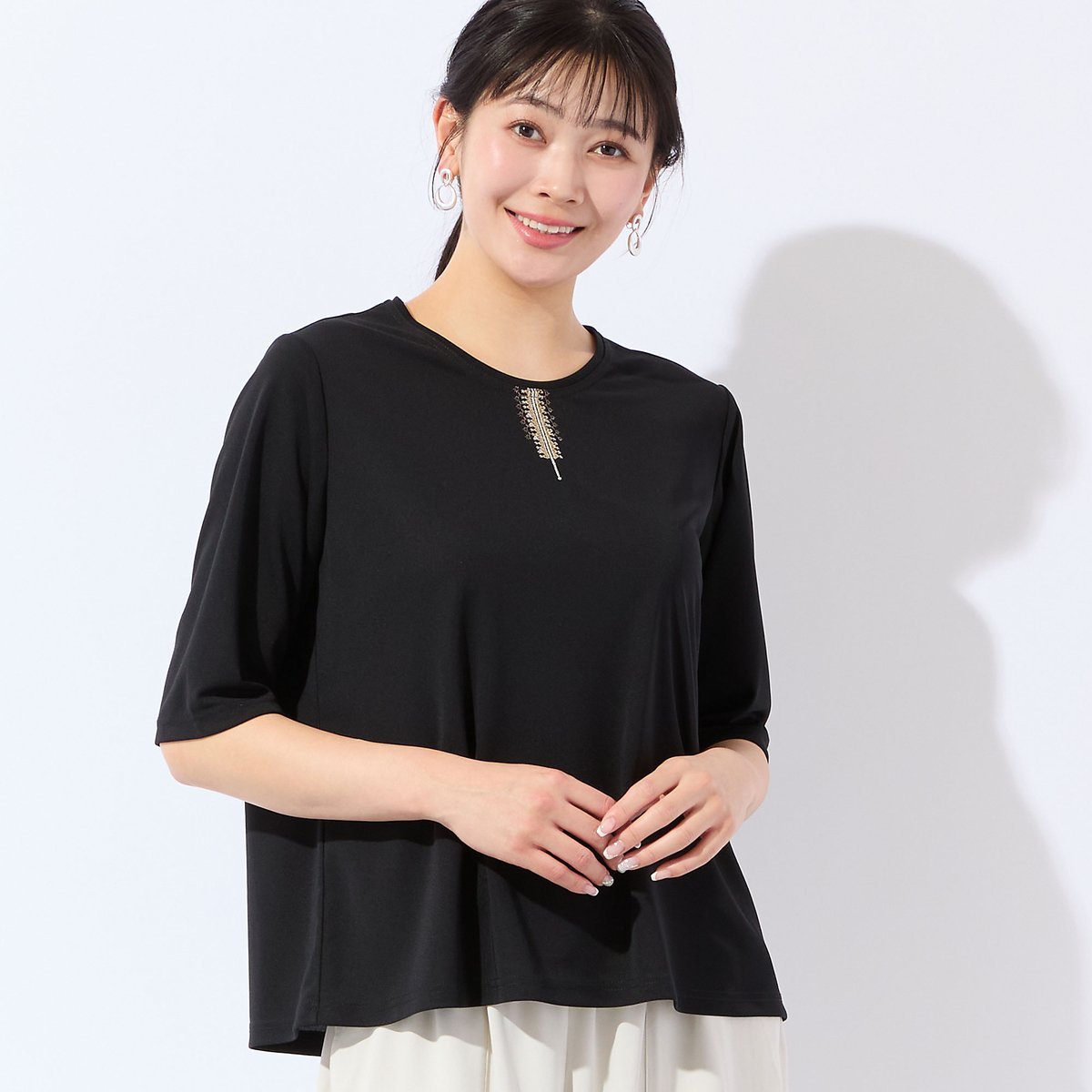 missel 【洗える・日本製・L~4Lサイズ】襟刺繍カットソー ミゼール トップス カットソー・Tシャツ ホワイト ブラック