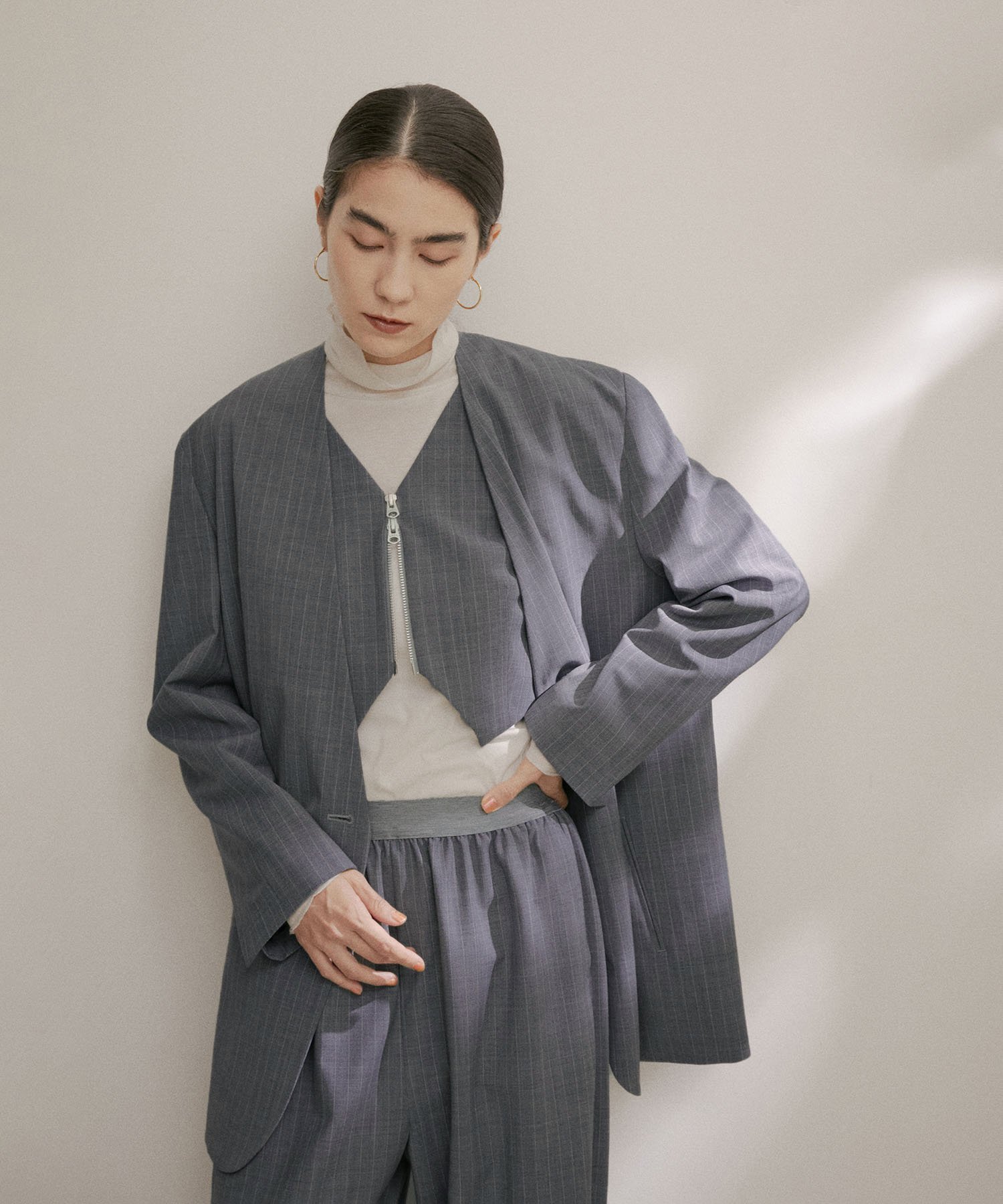 【SALE／40%OFF】SALON adam et rope' 【Americana for SALON】別注イージーフィットノーカラージャケット(ストライプ) サロン アダム エ ロペ ジャケット・アウター ノーカラージャケット グレー【送料無料】