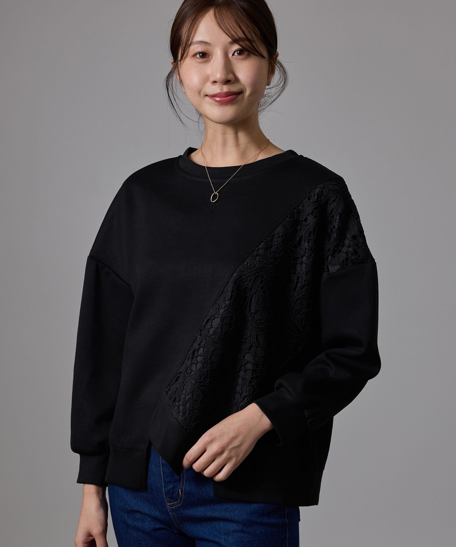 JAYRO レース切替アシンメトリープルオーバー ジャイロ トップス カットソー・Tシャツ ネイビー ブラック