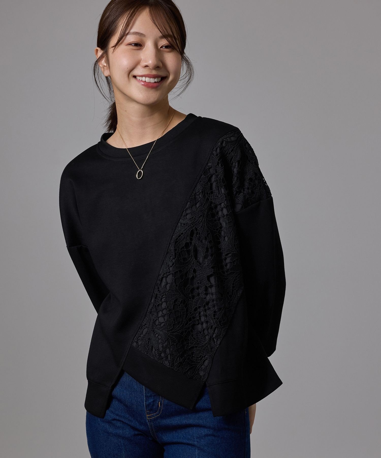 JAYRO レース切替アシンメトリープルオーバー ジャイロ トップス カットソー・Tシャツ ネイビー ブラック