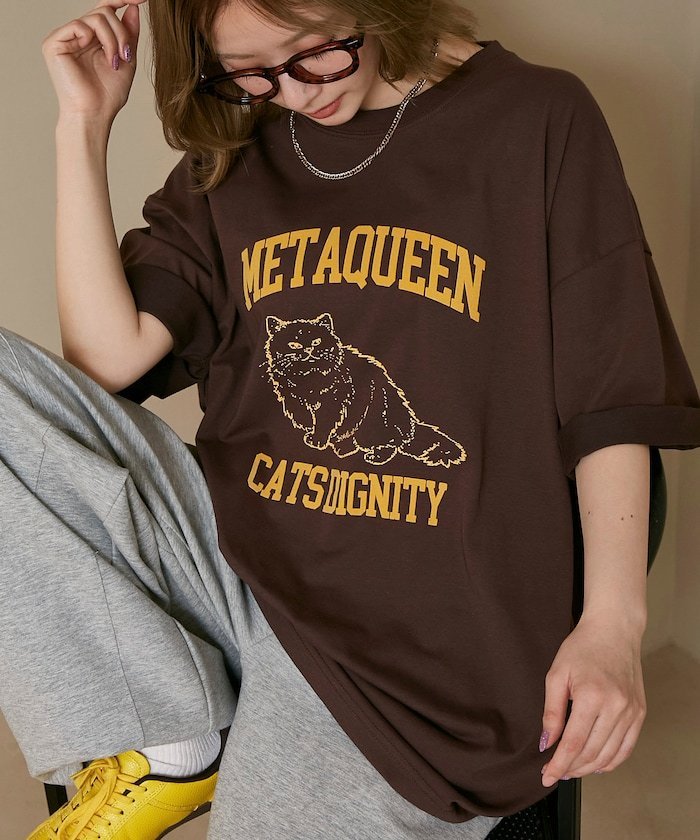 PUBLUX ＜機能性素材＞METAQUEEN キャット プリント Tシャツ 限定展開 フリークスストア トップス カットソー・Tシャツ ネイビー ホワイト ブラウン