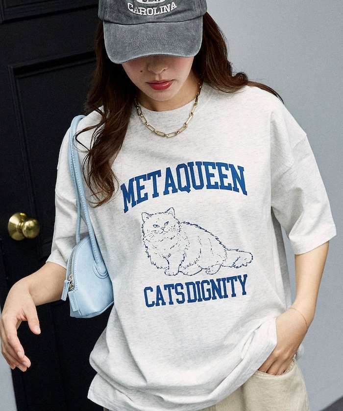 PUBLUX ＜機能性素材＞METAQUEEN キャット プリント Tシャツ 限定展開 フリークスストア トップス カットソー・Tシャツ ネイビー ホワイト ブラウン