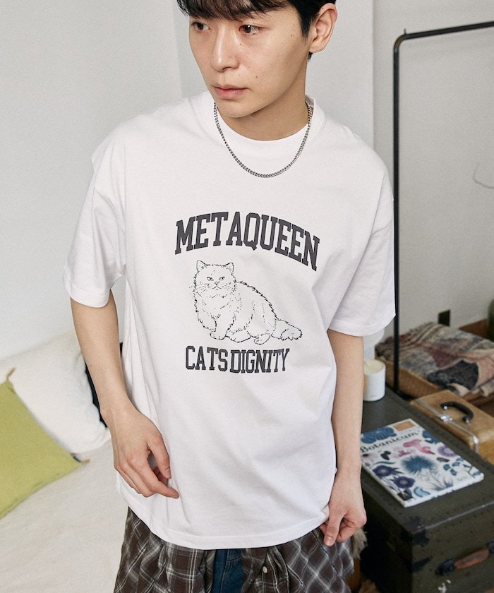 PUBLUX ＜機能性素材＞METAQUEEN キャット プリント Tシャツ 限定展開 フリークスストア トップス カットソー・Tシャツ ネイビー ホワイト ブラウン