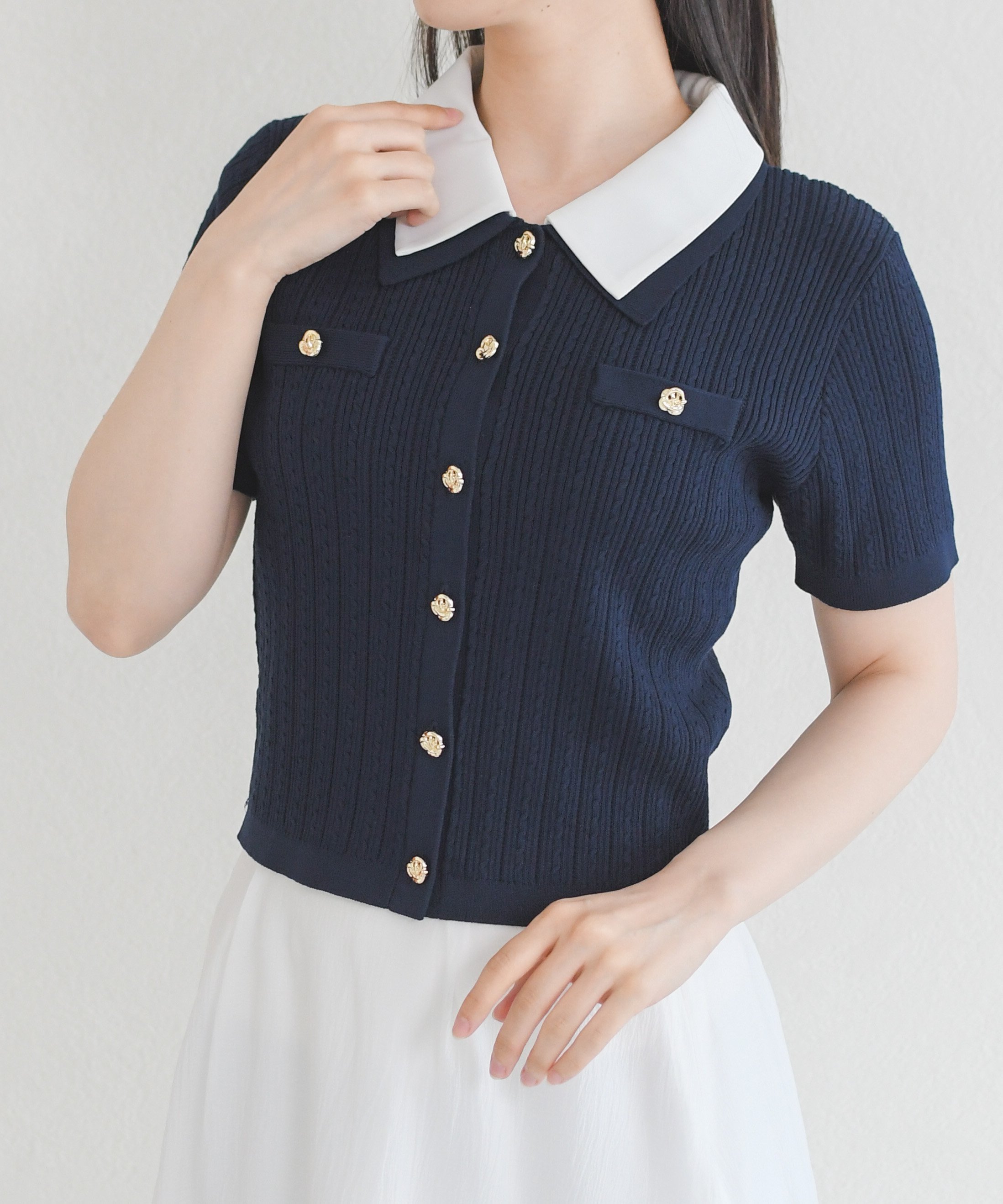 【SALE／32%OFF】MISCH MASCH シャツダブル衿半袖ケーブルニットカーディガン MM628408 ミッシュマッシュ トップス カーディガン ネイビー レッド ホワイト イエロー【送料無料】