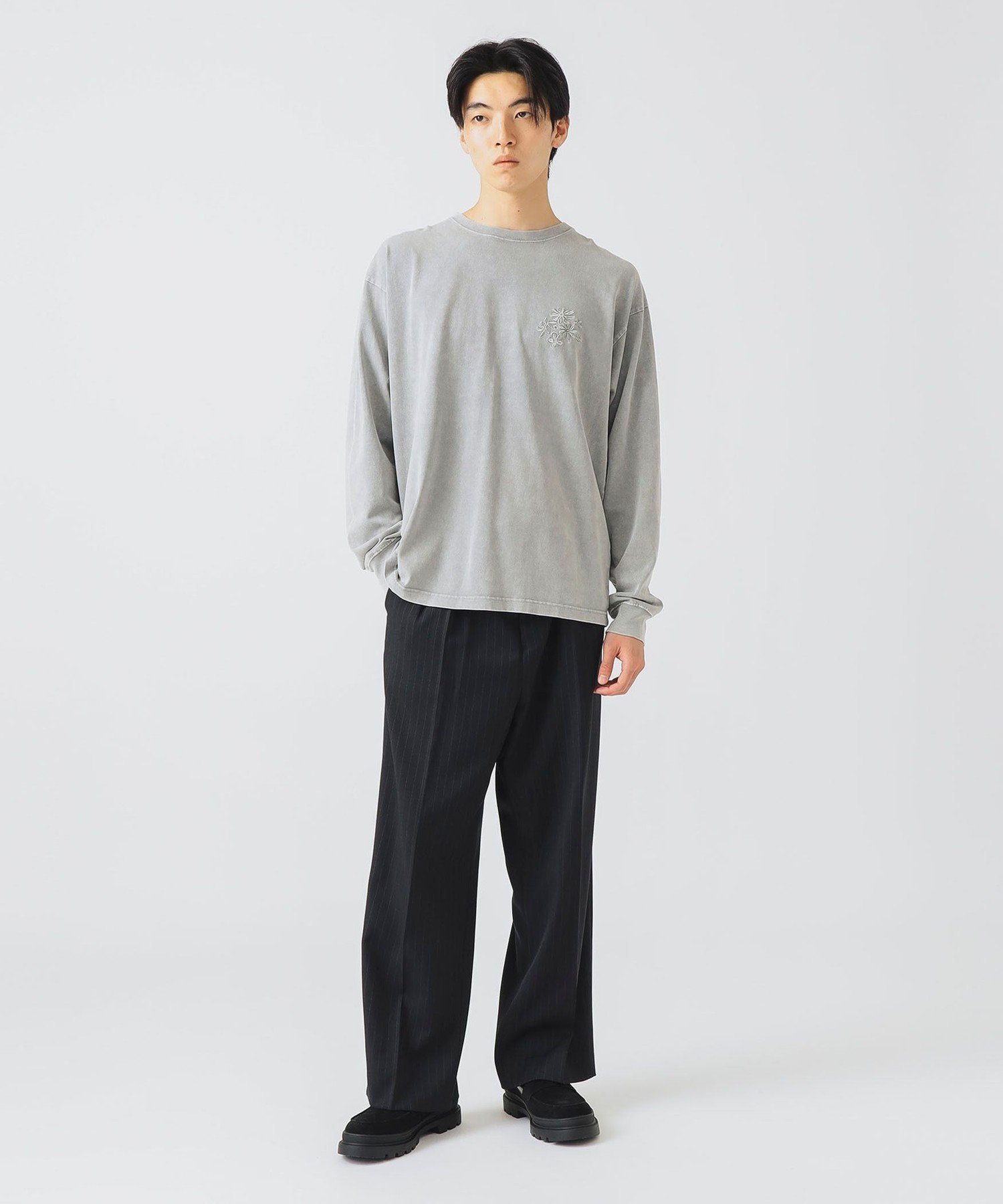 【SALE／50%OFF】BEAMS HEART MEN フラワー 刺繍 ロングスリーブ Tシャツ ビームス ハート トップス カットソー・Tシャツ ブラック グレー