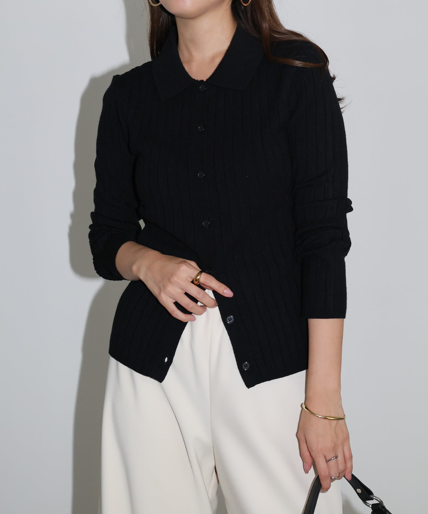 【SALE／10%OFF】andme 襟付き リブ ニット カーディガン トップス アンドミー トップス ニット ブラック ホワイト グレー グリーンのサムネイル