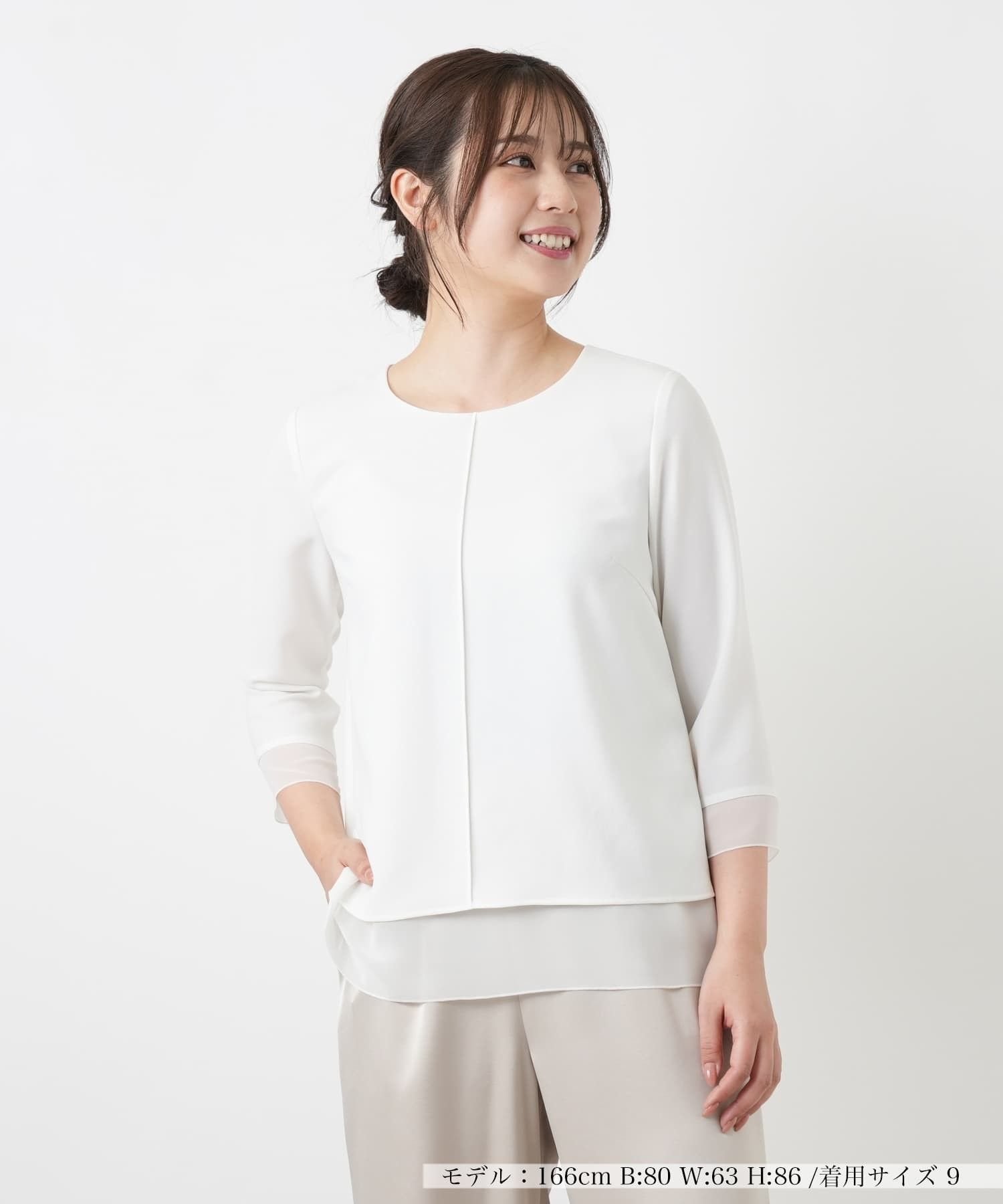 Leilian シフォン袖カットソー レリアン トップス カットソー・Tシャツ ホワイト ネイビー