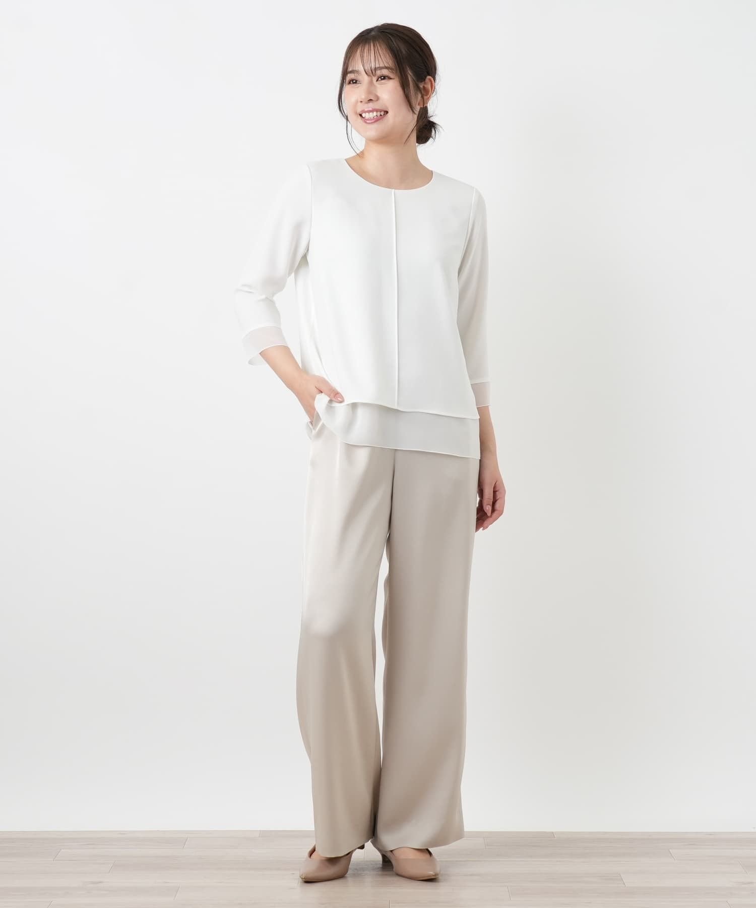 Leilian シフォン袖カットソー レリアン トップス カットソー・Tシャツ ホワイト ネイビー