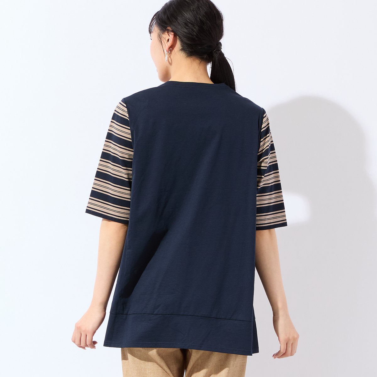missel 【洗える・L~4Lサイズ】コットンボーダーチュニック ミゼール トップス カットソー・Tシャツ ネイビー ピンク
